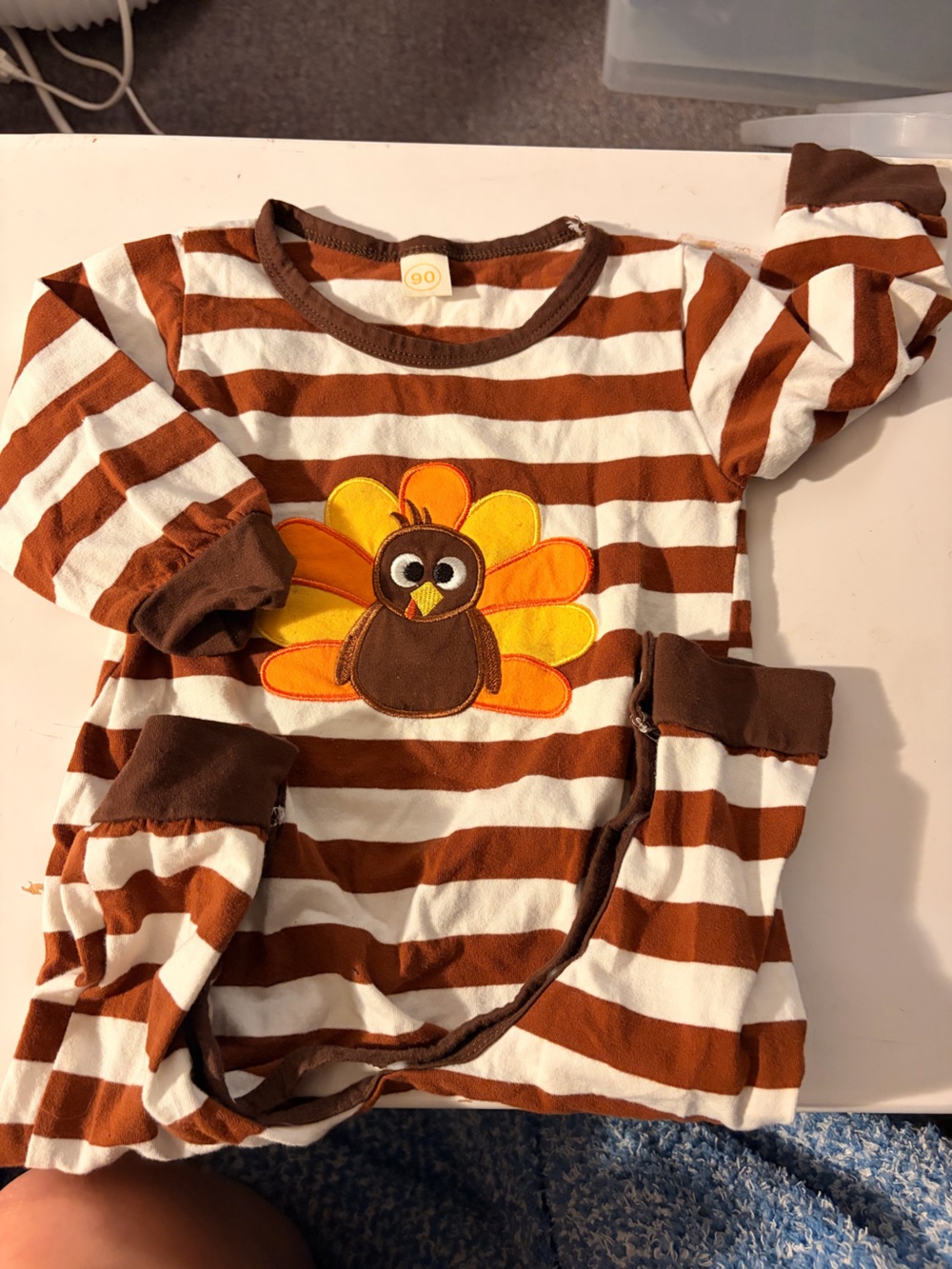 Striped Brown & White Baby Onesie with Turkey Applique